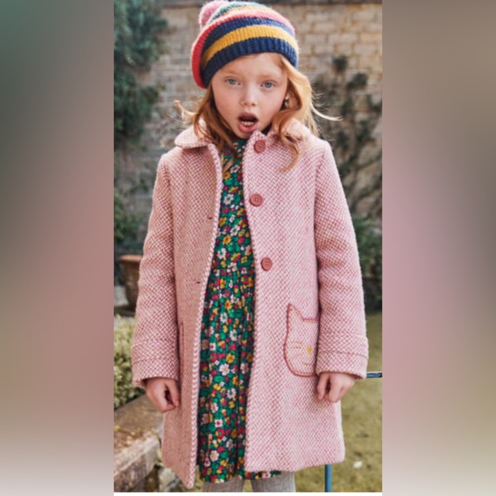 Mini Boden Pink Herringbone Wool Coat with Heart Pocket - retired